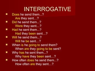 INTERROGATIVE









Does he send them...?
Are they sent…?
Did he send them...?
Were they sent…?
Had he sent them...?
Had they been sent…?
Will he send them...?
Will he be sent…?
When is he going to send them?
When are they going to be sent?
Why has he sent them...?
Why have they been sent…?
How often does he send them...?
How often are they sent…?

 