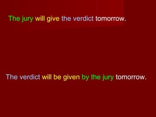 The jury will give the verdict tomorrow.

The verdict will be given by the jury tomorrow.

 