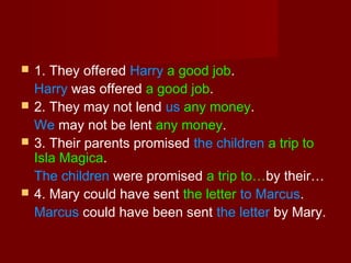 





1. They offered Harry a good job.
Harry was offered a good job.
2. They may not lend us any money.
We may not be lent any money.
3. Their parents promised the children a trip to
Isla Magica.
The children were promised a trip to…by their…
4. Mary could have sent the letter to Marcus.
Marcus could have been sent the letter by Mary.

 