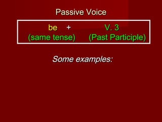 Passive Voice
be +
(same tense)

V. 3
(Past Participle)

Some examples:

 