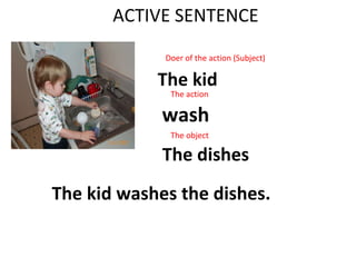 wash ACTIVE SENTENCE Doer of the action (Subject) The action The object The kid The dishes The kid washes the dishes. 