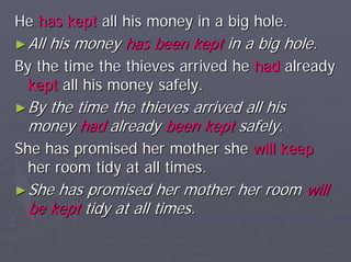 He has kept all his money in a big hole.
► All   his money has been kept in a big hole.
By the time the thieves arrived he had already
  kept all his money safely.
► Bythe time the thieves arrived all his
  money had already been kept safely.
She has promised her mother she will keep
  her room tidy at all times.
► She has promised her mother her room will
  be kept tidy at all times.
 