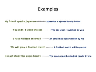 Examples
My friend speaks japanese -------- Japanese is spoken by my friend
You didn´t wash the car -------- The car wasn´t washed by you
I have written an email -------- An email has been written by me
We will play a football match -------- A football match will be played
I must study the exam hardly -------- The exam must be studied hardly by me
 