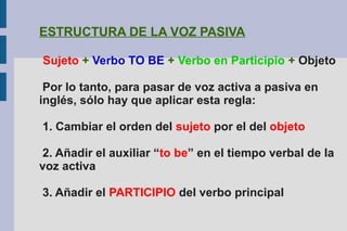ESTRUCTURA DE LA VOZ PASIVA
Sujeto + Verbo TO BE + Verbo en Participio + Objeto
Por lo tanto, para pasar de voz activa a pasiva en
inglés, sólo hay que aplicar esta regla:
1. Cambiar el orden del sujeto por el del objeto
2. Añadir el auxiliar “to be” en el tiempo verbal de la
voz activa
3. Añadir el PARTICIPIO del verbo principal
 