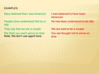 EXAMPLES:
Note: We don’t use agent here.
Mary believed that I was American I was believed to have been
American
People have understood that he is
silly
He has been understood to be silly
They say that we are a couple We are said to be a couple
We think you won’t arrive on time You are thought not to arrive on
time
 