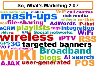 So, What’s Marketing 2.0?

mash-ups
web services      mobile                  VoIP call centres
                                            rich media
                                            widgets   m-this
 file-sharing
POD           AdWords iP-that
eCRM playlists tags integration

wireless                                              WiFi
video       API       Social networks
                                           iPTV       RSS
 3G
GPS         targeted banners
          Broadband
VOiP virtual worlds

          blogs AI search
AJAX user-generated POS © 2008 Bates141
 