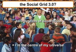 the Social Grid 3.0?



  zero degrees of separation




= I’m the centre of my universe
            © 2008 Bates141
 