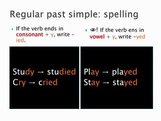 Study → studied
Cry → cried
Play → played
Stay → stayed
 If the verb ends in
consonant + y, write –
ied.
 ! If the verb ens in
vowel + y, write -yed
 