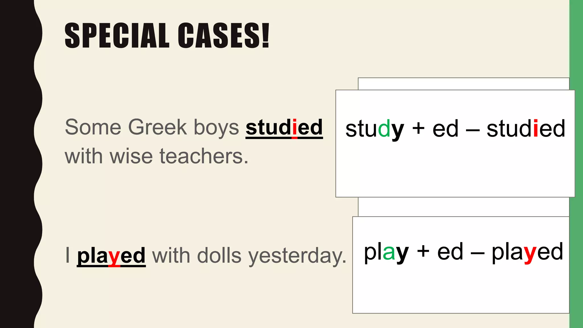 SPECIAL CASES!
Some Greek boys studied
with wise teachers.
I played with dolls yesterday.
study + ed – studied
play + ed – played
 