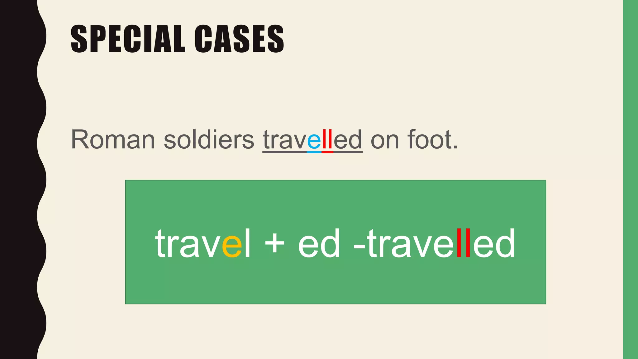 SPECIAL CASES
Roman soldiers travelled on foot.
travel + ed -travelled
 