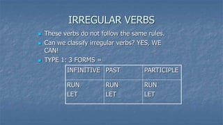 IRREGULAR VERBS
 These verbs do not follow the same rules.
 Can we classify irregular verbs? YES, WE
CAN!
 TYPE 1: 3 FORMS =
INFINITIVE PAST PARTICIPLE
RUN
LET
RUN
LET
RUN
LET
 