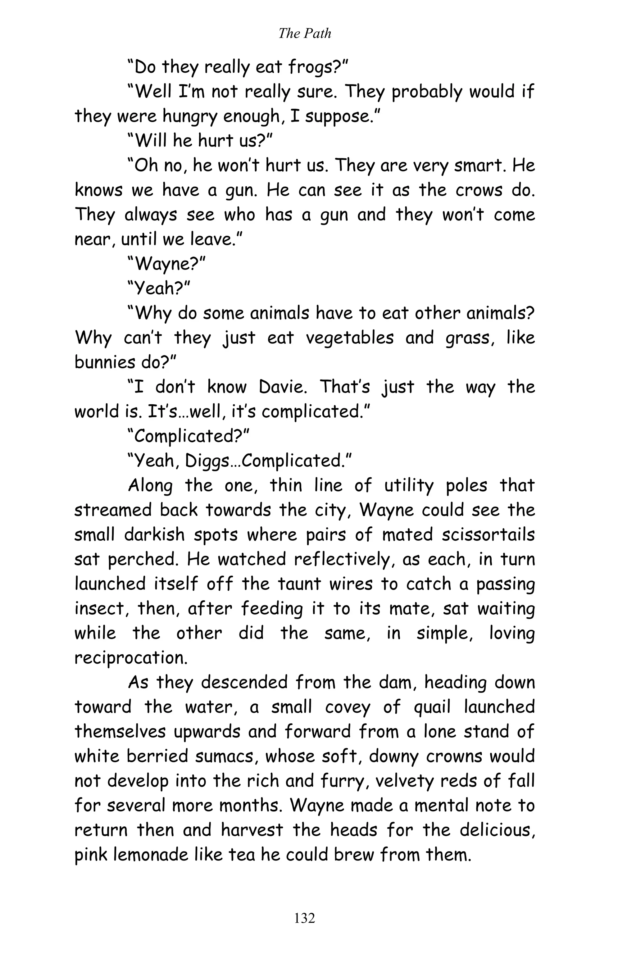 The Path
132
“Do they really eat frogs?”
“Well I’m not really sure. They probably would if
they were hungry enough, I suppose.”
“Will he hurt us?”
“Oh no, he won’t hurt us. They are very smart. He
knows we have a gun. He can see it as the crows do.
They always see who has a gun and they won’t come
near, until we leave.”
“Wayne?”
“Yeah?”
“Why do some animals have to eat other animals?
Why can’t they just eat vegetables and grass, like
bunnies do?”
“I don’t know Davie. That’s just the way the
world is. It’s…well, it’s complicated.”
“Complicated?”
“Yeah, Diggs…Complicated.”
Along the one, thin line of utility poles that
streamed back towards the city, Wayne could see the
small darkish spots where pairs of mated scissortails
sat perched. He watched reflectively, as each, in turn
launched itself off the taunt wires to catch a passing
insect, then, after feeding it to its mate, sat waiting
while the other did the same, in simple, loving
reciprocation.
As they descended from the dam, heading down
toward the water, a small covey of quail launched
themselves upwards and forward from a lone stand of
white berried sumacs, whose soft, downy crowns would
not develop into the rich and furry, velvety reds of fall
for several more months. Wayne made a mental note to
return then and harvest the heads for the delicious,
pink lemonade like tea he could brew from them.
 