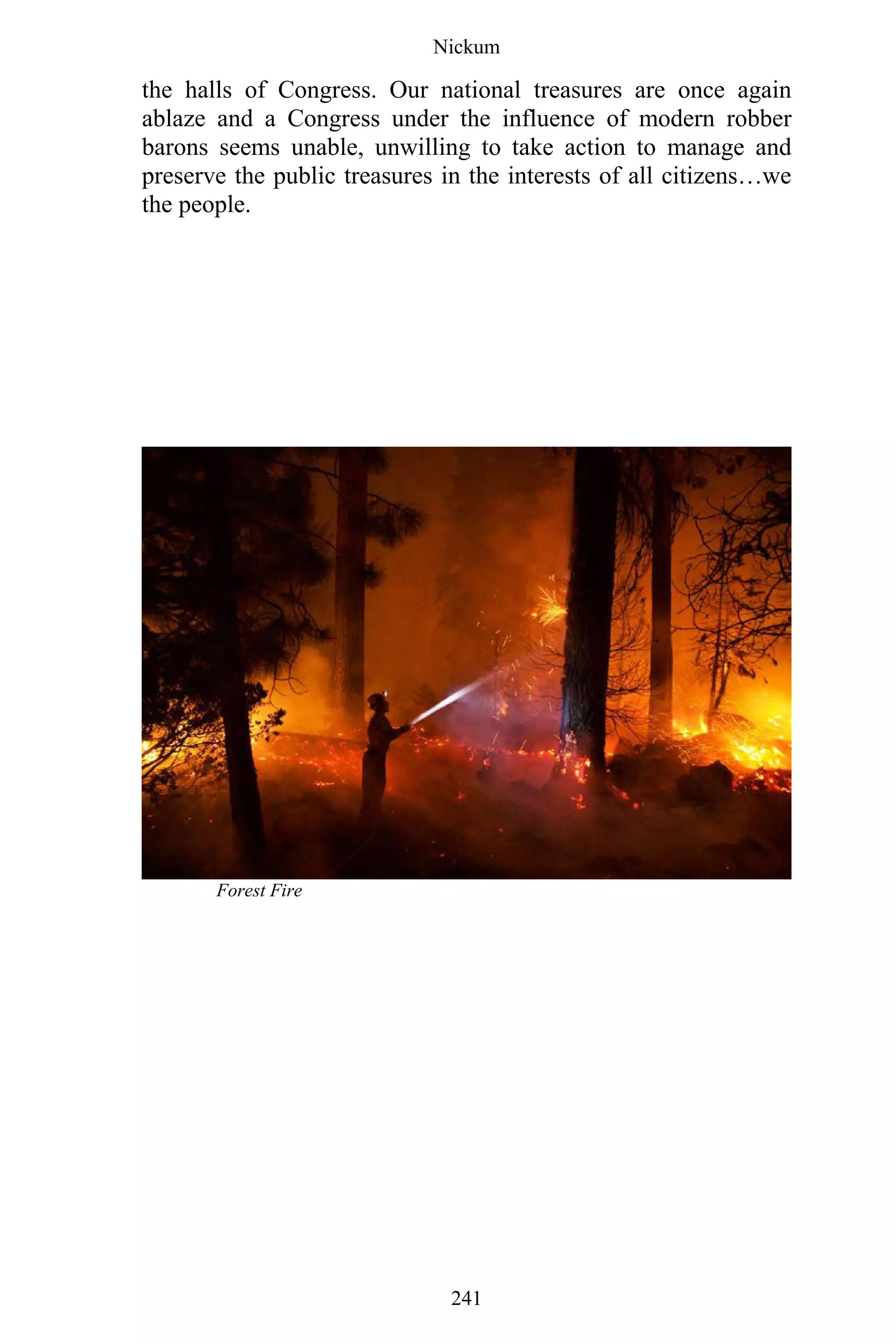 Nickum
241
the halls of Congress. Our national treasures are once again
ablaze and a Congress under the influence of modern robber
barons seems unable, unwilling to take action to manage and
preserve the public treasures in the interests of all citizens…we
the people.
Forest Fire
 