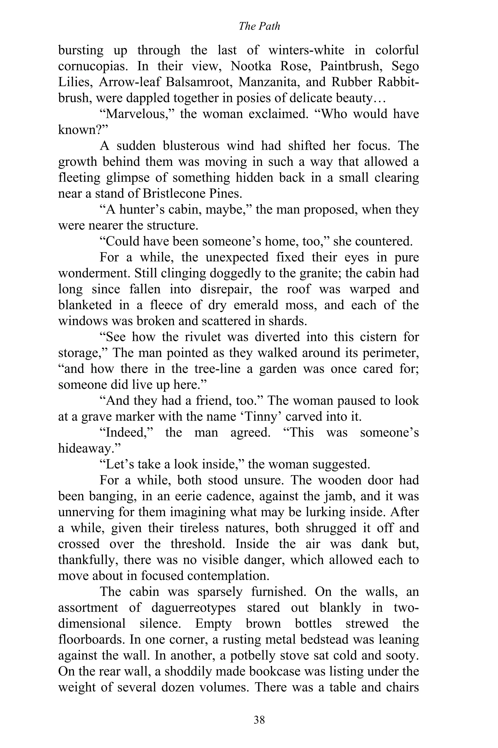The Path
38
bursting up through the last of winters-white in colorful
cornucopias. In their view, Nootka Rose, Paintbrush, Sego
Lilies, Arrow-leaf Balsamroot, Manzanita, and Rubber Rabbit-
brush, were dappled together in posies of delicate beauty…
“Marvelous,” the woman exclaimed. “Who would have
known?”
A sudden blusterous wind had shifted her focus. The
growth behind them was moving in such a way that allowed a
fleeting glimpse of something hidden back in a small clearing
near a stand of Bristlecone Pines.
“A hunter’s cabin, maybe,” the man proposed, when they
were nearer the structure.
“Could have been someone’s home, too,” she countered.
For a while, the unexpected fixed their eyes in pure
wonderment. Still clinging doggedly to the granite; the cabin had
long since fallen into disrepair, the roof was warped and
blanketed in a fleece of dry emerald moss, and each of the
windows was broken and scattered in shards.
“See how the rivulet was diverted into this cistern for
storage,” The man pointed as they walked around its perimeter,
“and how there in the tree-line a garden was once cared for;
someone did live up here.”
“And they had a friend, too.” The woman paused to look
at a grave marker with the name ‘Tinny’ carved into it.
“Indeed,” the man agreed. “This was someone’s
hideaway.”
“Let’s take a look inside,” the woman suggested.
For a while, both stood unsure. The wooden door had
been banging, in an eerie cadence, against the jamb, and it was
unnerving for them imagining what may be lurking inside. After
a while, given their tireless natures, both shrugged it off and
crossed over the threshold. Inside the air was dank but,
thankfully, there was no visible danger, which allowed each to
move about in focused contemplation.
The cabin was sparsely furnished. On the walls, an
assortment of daguerreotypes stared out blankly in two-
dimensional silence. Empty brown bottles strewed the
floorboards. In one corner, a rusting metal bedstead was leaning
against the wall. In another, a potbelly stove sat cold and sooty.
On the rear wall, a shoddily made bookcase was listing under the
weight of several dozen volumes. There was a table and chairs
 