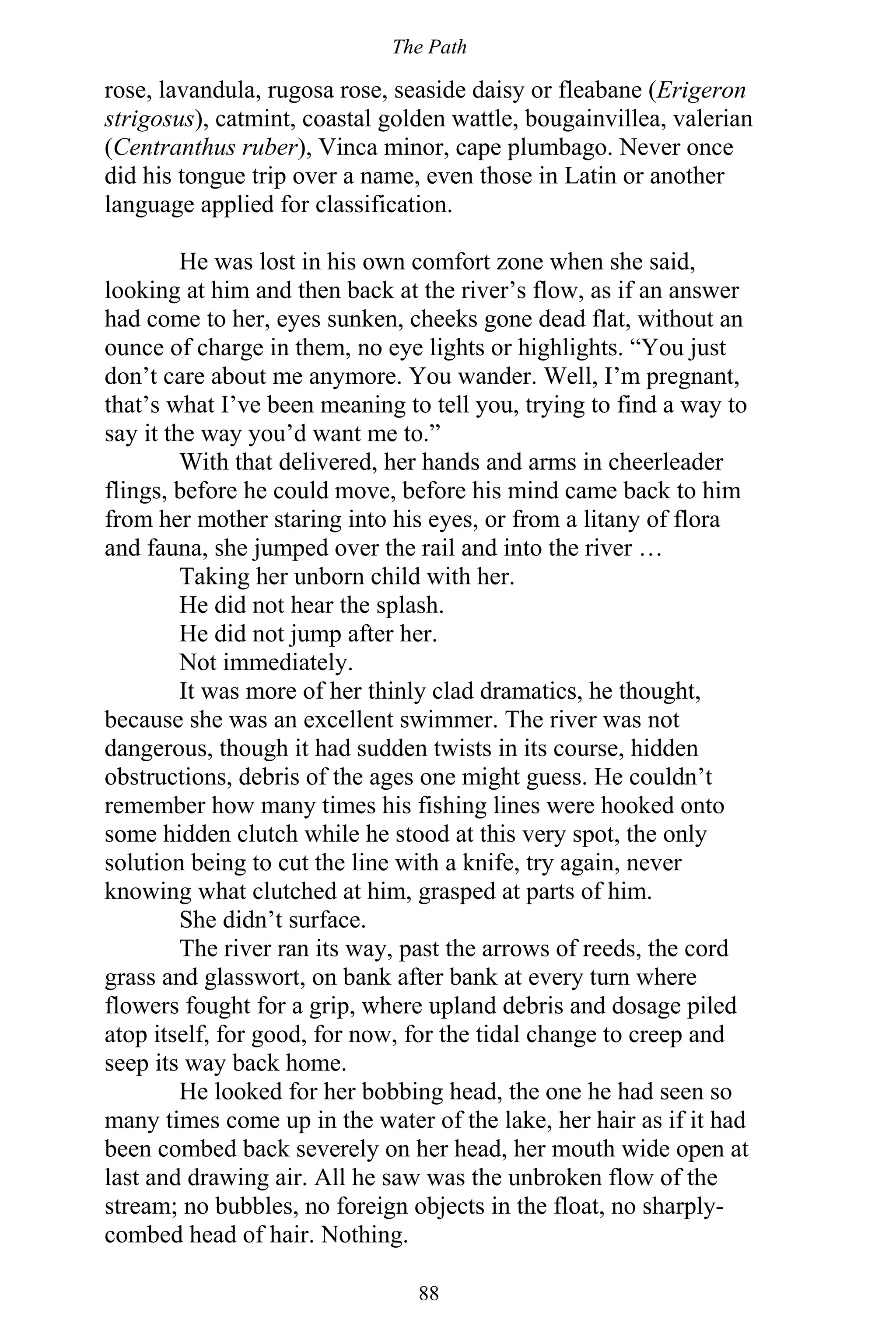 The Path
88
rose, lavandula, rugosa rose, seaside daisy or fleabane (Erigeron
strigosus), catmint, coastal golden wattle, bougainvillea, valerian
(Centranthus ruber), Vinca minor, cape plumbago. Never once
did his tongue trip over a name, even those in Latin or another
language applied for classification.
He was lost in his own comfort zone when she said,
looking at him and then back at the river’s flow, as if an answer
had come to her, eyes sunken, cheeks gone dead flat, without an
ounce of charge in them, no eye lights or highlights. “You just
don’t care about me anymore. You wander. Well, I’m pregnant,
that’s what I’ve been meaning to tell you, trying to find a way to
say it the way you’d want me to.”
With that delivered, her hands and arms in cheerleader
flings, before he could move, before his mind came back to him
from her mother staring into his eyes, or from a litany of flora
and fauna, she jumped over the rail and into the river …
Taking her unborn child with her.
He did not hear the splash.
He did not jump after her.
Not immediately.
It was more of her thinly clad dramatics, he thought,
because she was an excellent swimmer. The river was not
dangerous, though it had sudden twists in its course, hidden
obstructions, debris of the ages one might guess. He couldn’t
remember how many times his fishing lines were hooked onto
some hidden clutch while he stood at this very spot, the only
solution being to cut the line with a knife, try again, never
knowing what clutched at him, grasped at parts of him.
She didn’t surface.
The river ran its way, past the arrows of reeds, the cord
grass and glasswort, on bank after bank at every turn where
flowers fought for a grip, where upland debris and dosage piled
atop itself, for good, for now, for the tidal change to creep and
seep its way back home.
He looked for her bobbing head, the one he had seen so
many times come up in the water of the lake, her hair as if it had
been combed back severely on her head, her mouth wide open at
last and drawing air. All he saw was the unbroken flow of the
stream; no bubbles, no foreign objects in the float, no sharply-
combed head of hair. Nothing.
 