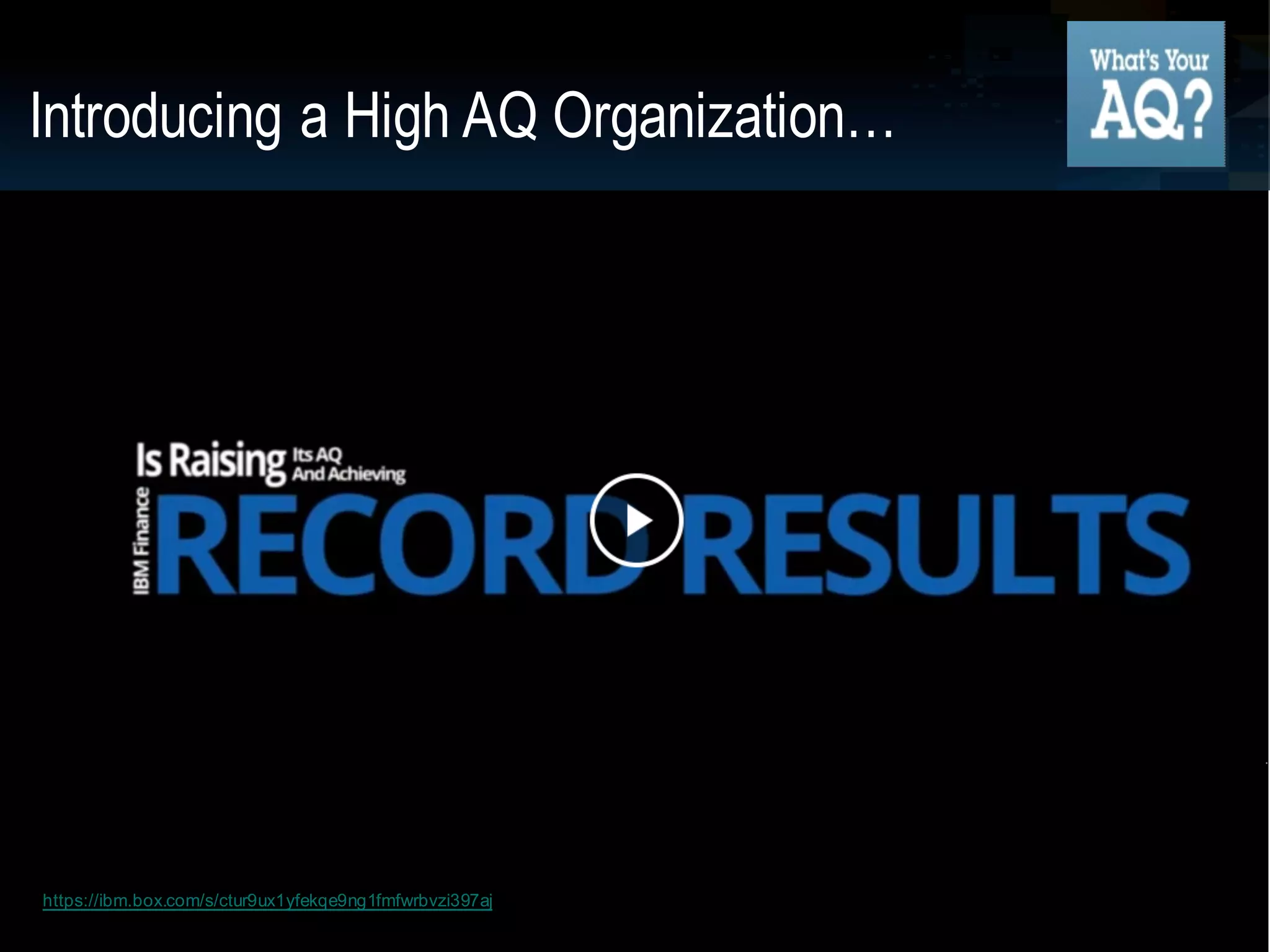 15
04/28/16https://ibm.box.com/s/ctur9ux1yfekqe9ng1fmfwrbvzi397aj
Introducing a High AQ Organization…
 