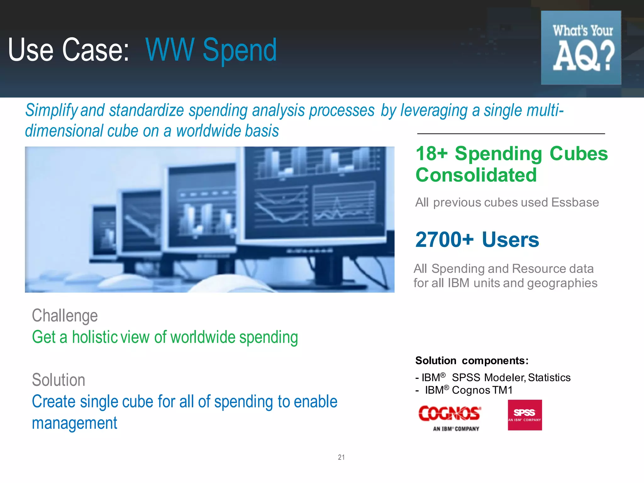 21
Use Case: WW Spend
Simplify and standardize spending analysis processes by leveraging a single multi-
dimensional cube on a worldwide basis
18+ Spending Cubes
Consolidated
2700+ Users
Solution components:
- IBM® SPSS Modeler, Statistics
- IBM® Cognos TM1
All previous cubes used Essbase
All Spending and Resource data
for all IBM units and geographies
Challenge
Get a holistic view of worldwide spending
Solution
Create single cube for all of spending to enable
management
 