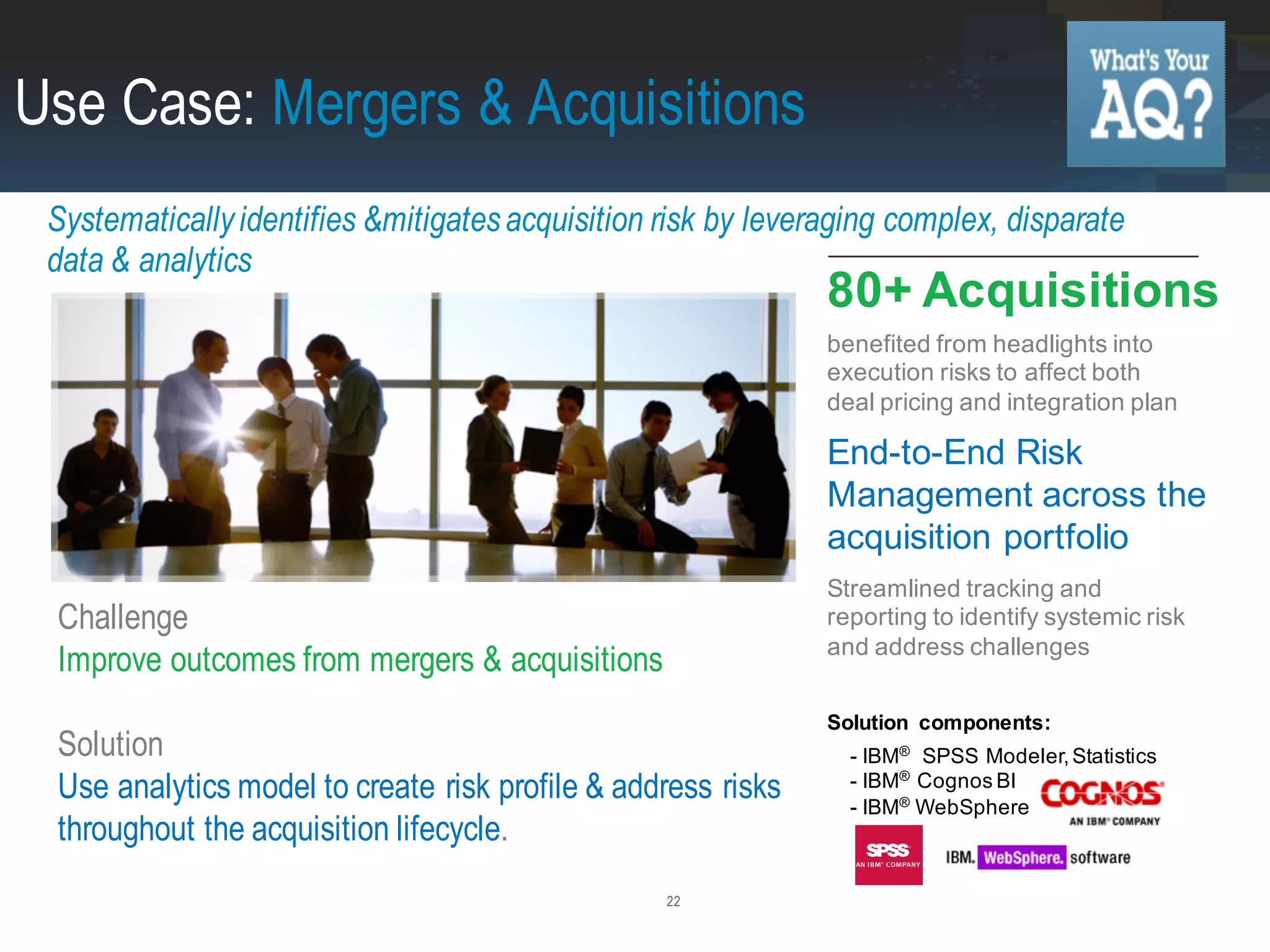 22
Use Case: Mergers & Acquisitions
80+ Acquisitions
benefited from headlights into
execution risks to affect both
deal pricing and integration plan
Solution components:
- IBM® SPSS Modeler, Statistics
- IBM® Cognos BI
- IBM® WebSphere
End-to-End Risk
Management across the
acquisition portfolio
Streamlined tracking and
reporting to identify systemic risk
and address challenges
Challenge
Improve outcomes from mergers & acquisitions
Solution
Use analytics model to create risk profile & address risks
throughout the acquisition lifecycle.
Systematically identifies &mitigates acquisition risk by leveraging complex, disparate
data & analytics
 