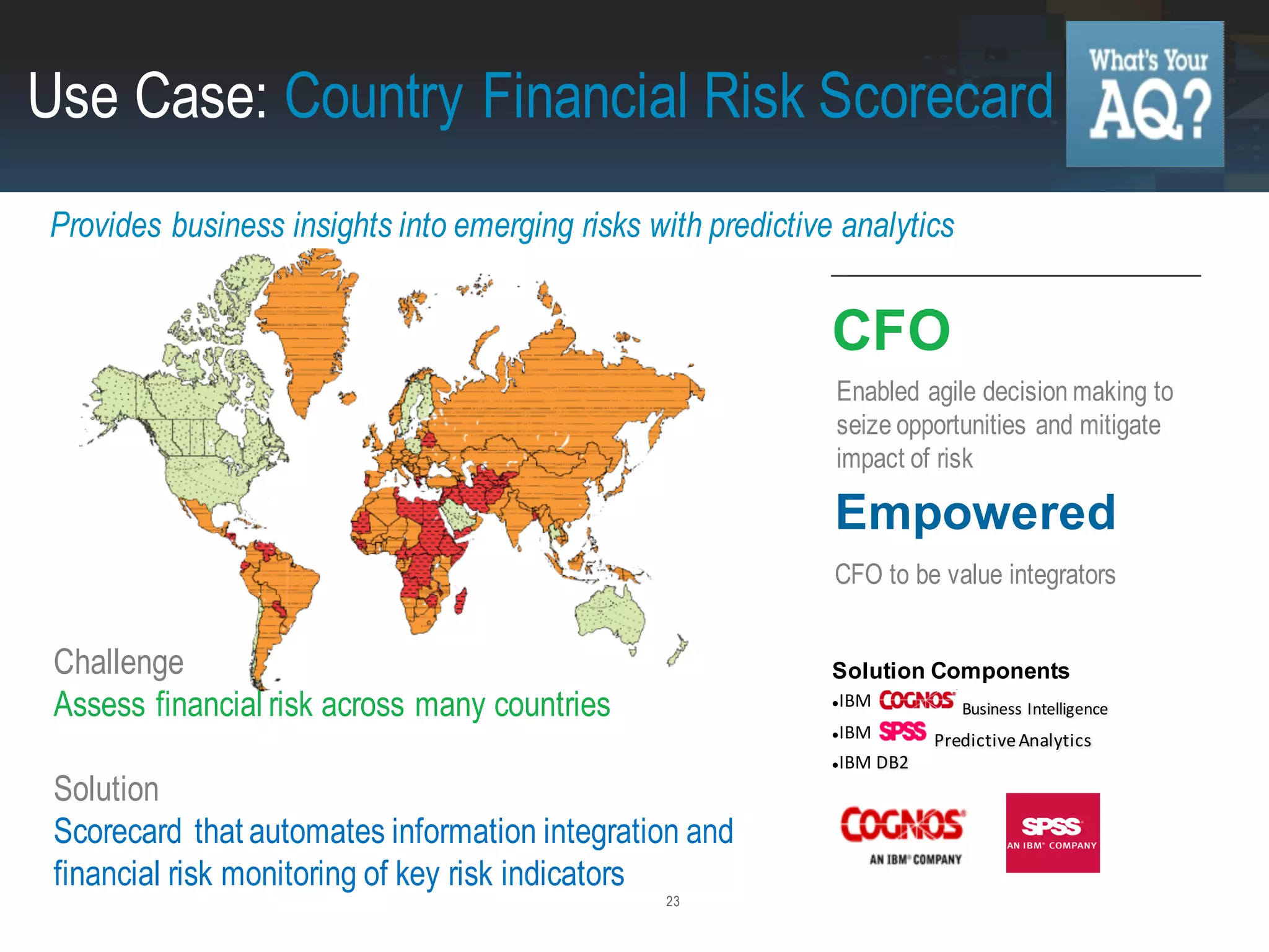 23
Challenge
Assess financial risk across many countries
Solution
Scorecard that automates information integration and
financial risk monitoring of key risk indicators
CFO
Empowered
Enabled agile decision making to
seize opportunities and mitigate
impact of risk
CFO to be value integrators
Solution Components
IBM
IBM
IBM DB2
Business Intelligence
Predictive Analytics
Use Case: Country Financial Risk Scorecard
Provides business insights into emerging risks with predictive analytics
 