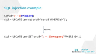 SQL injection example
$email=‘;- - @owasp.org;
$sql = UPDATE user set email=‘$email’ WHERE id=‘1’;
$sql = UPDATE user SET email=‘'; -- @owasp.org' WHERE id=‘1’;
Becomes
 