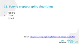 C5. Strong cryptographic algorithms
• PBKDF2
• scrypt
• bcrypt
Source: https://www.owasp.org/index.php/Password_Storage_Cheat_Sheet
 