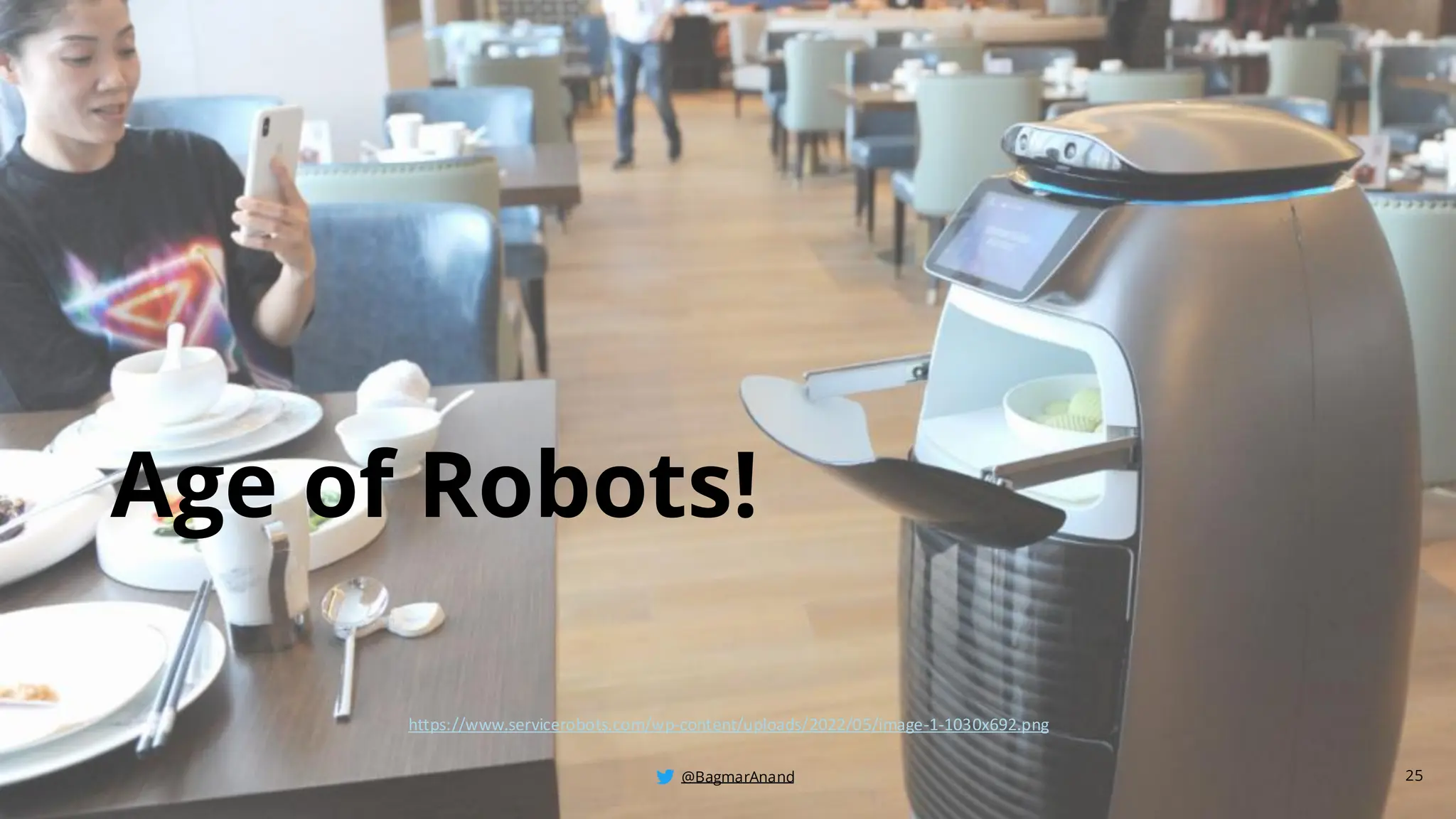 @BagmarAnand
@BagmarAnand
@BagmarAnand
Age of Robots!
25
https://www.servicerobots.com/wp-content/uploads/2022/05/image-1-1030x692.png
 