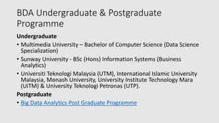 BDA Undergraduate & Postgraduate
Programme
Undergraduate
• Multimedia University – Bachelor of Computer Science (Data Science
Specialization)
• Sunway University - BSc (Hons) Information Systems (Business
Analytics)
• Universiti Teknologi Malaysia (UTM), International Islamic University
Malaysia, Monash University, University Institute Technology Mara
(UiTM) & University Teknologi Petronas (UTP).
Postgraduate
• Big Data Analytics Post Graduate Programme
 