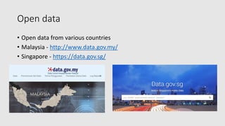 Open data
• Open data from various countries
• Malaysia - http://www.data.gov.my/
• Singapore - https://data.gov.sg/
 