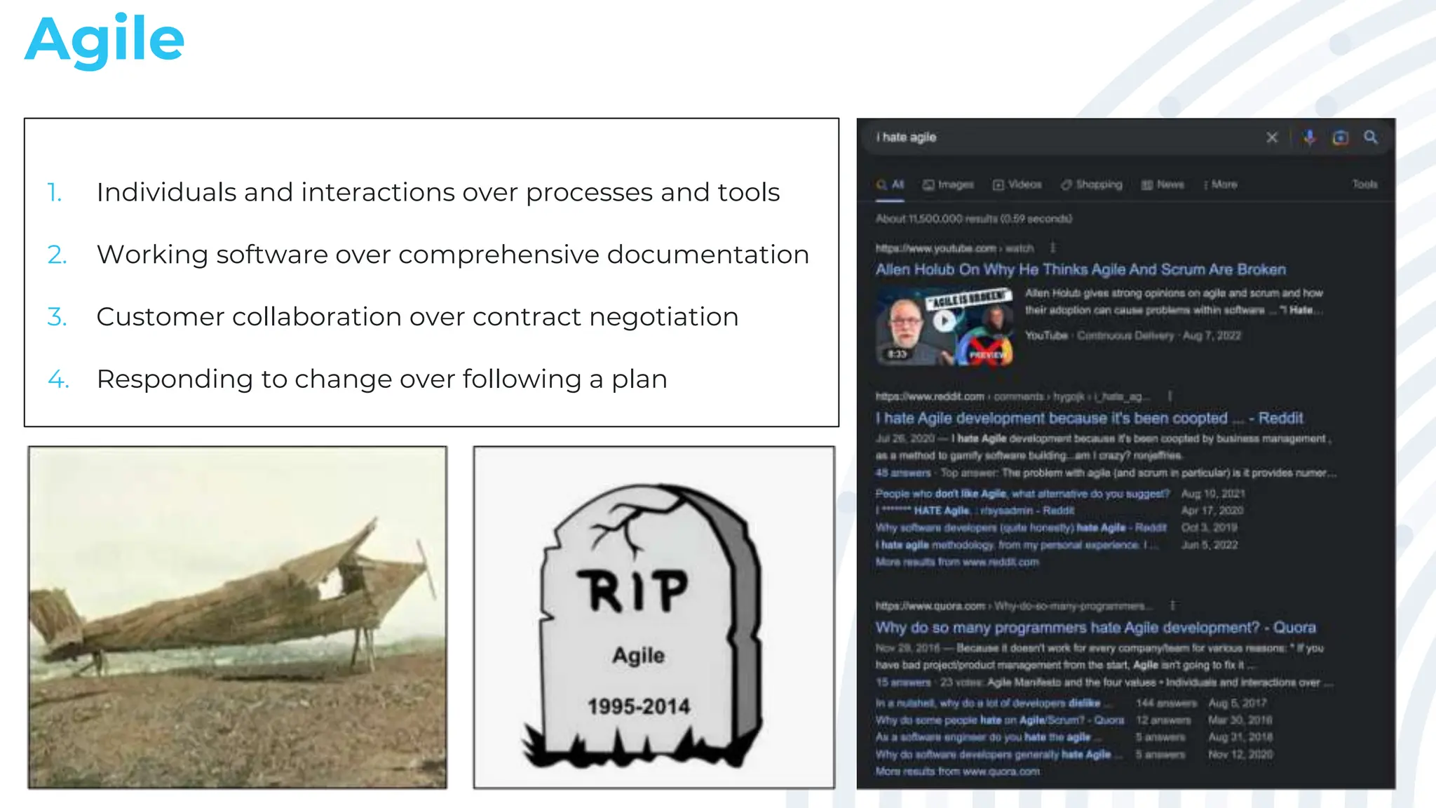 Agile
1. Individuals and interactions over processes and tools
2. Working software over comprehensive documentation
3. Customer collaboration over contract negotiation
4. Responding to change over following a plan
 