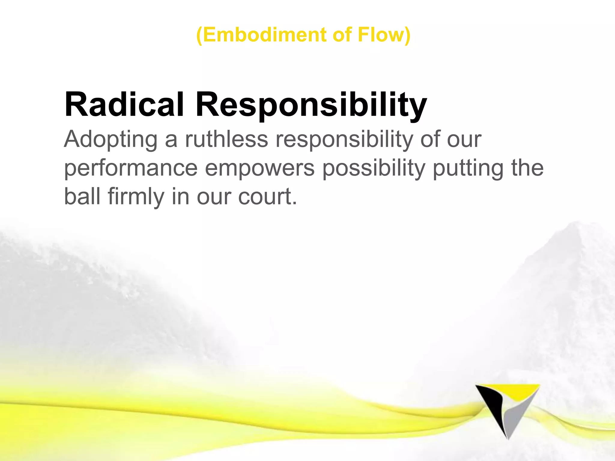 Intrinsic Choices
Flow is an autotelic experience that drives us to
want more. No rewards, no hidden agendas,
nothing but love for the task at hand. If we want
to engineer ﬂow, we must empower ourselves
and own our choices.
1 2 3 4 5 6 7 8 9 10 11 12 13 14 15 16 17 18 19 20 21
Flow Mindset Preparing for Flow Sustaining Flow
The	
  Flow	
  Centre	
  -­‐	
  2016	
  
 
