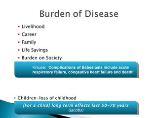 Livelihood Career Family  Life Savings Burden on Society Children-loss  of childhood Children  are not “little adults” Krause :  Complications of Babesiosis include acute respiratory failure, congestive heart failure and death! [For a child] long term effects last 50-70 years  (Jacobs) 