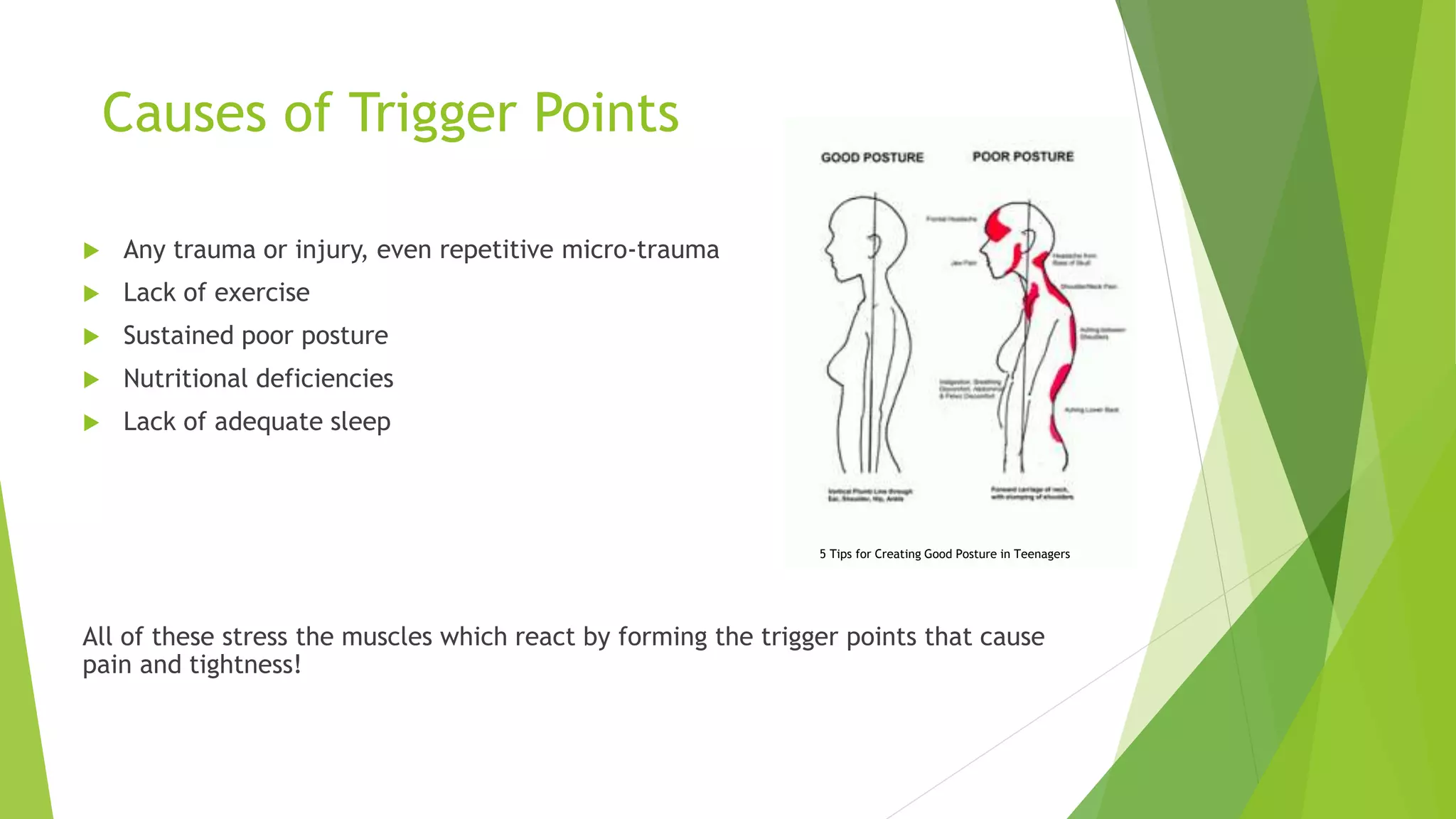 Causes of Trigger Points
 Any trauma or injury, even repetitive micro-trauma
 Lack of exercise
 Sustained poor posture
 Nutritional deficiencies
 Lack of adequate sleep
All of these stress the muscles which react by forming the trigger points that cause
pain and tightness!
5 Tips for Creating Good Posture in Teenagers
 