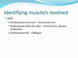 Identifying muscle/s involved
 AHP
 Predominant face turn – horizontal recti
 Predominant chin elev/dep – vertical recti, pattern
strabismus
 Predominant tilt – Obliques
 