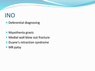 INO
 Deferential diagnosing
 Myasthenia gravis
 Medial wall blow out fracture
 Duane's retraction syndrome
 MR palsy
 