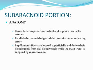 SUBARACNOID PORTION:
 ANATOMY
 Passes between posterior cerebral and superior cerebellar
arteries
 Parallels the tentorial edge and the posterior communicating
artery
 Pupillomotor fibers are located superficially and derive their
blood supply from pial blood vessels while the main trunk is
supplied by vasanervosum
 