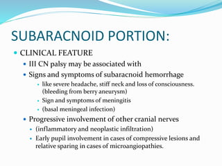 SUBARACNOID PORTION:
 CLINICAL FEATURE
 III CN palsy may be associated with
 Signs and symptoms of subaracnoid hemorrhage
 like severe headache, stiff neck and loss of consciousness.
(bleeding from berry aneurysm)
 Sign and symptoms of meningitis
 (basal meningeal infection)
 Progressive involvement of other cranial nerves
 (inflammatory and neoplastic infiltration)
 Early pupil involvement in cases of compressive lesions and
relative sparing in cases of microangiopathies.
 