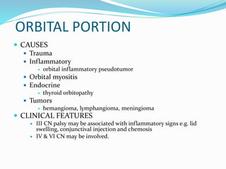 ORBITAL PORTION
 CAUSES
 Trauma
 Inflammatory
 orbital inflammatory pseudotumor
 Orbital myositis
 Endocrine
 thyroid orbitopathy
 Tumors
 hemangioma, lymphangioma, meningioma
 CLINICAL FEATURES
 III CN palsy may be associated with inflammatory signs e.g. lid
swelling, conjunctival injection and chemosis
 IV & VI CN may be involved.
 