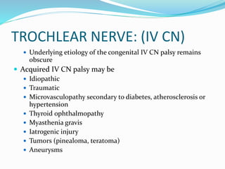 TROCHLEAR NERVE: (IV CN)
 Underlying etiology of the congenital IV CN palsy remains
obscure
 Acquired IV CN palsy may be
 Idiopathic
 Traumatic
 Microvasculopathy secondary to diabetes, atherosclerosis or
hypertension
 Thyroid ophthalmopathy
 Myasthenia gravis
 Iatrogenic injury
 Tumors (pinealoma, teratoma)
 Aneurysms
 