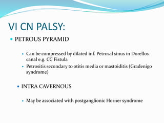 VI CN PALSY:
 PETROUS PYRAMID
 Can be compressed by dilated inf. Petrosal sinus in Dorellos
canal e.g. CC Fistula
 Petrositis secondary to otitis media or mastoiditis (Gradenigo
syndrome)
 INTRA CAVERNOUS
 May be associated with postganglionic Horner syndrome
 