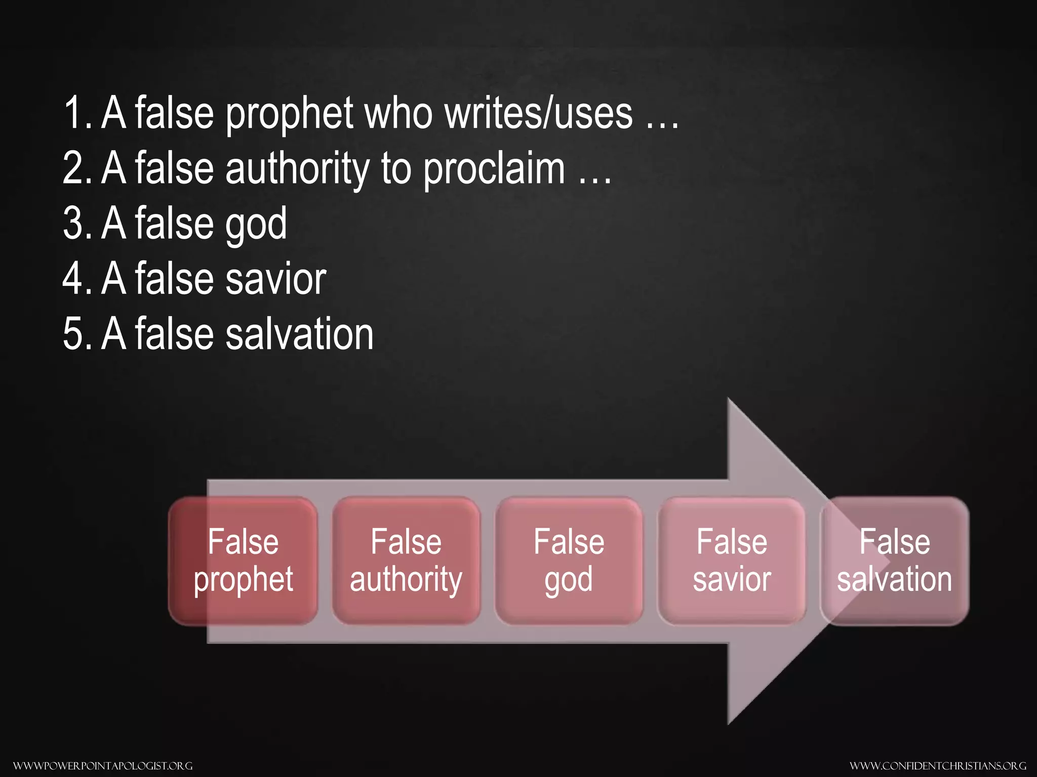 www.confidentchristians.orgwwwpowerpointapologist.org
False
prophet
False
authority
False
god
False
savior
False
salvation
1. A false prophet who writes/uses …
2. A false authority to proclaim …
3. A false god
4. A false savior
5. A false salvation
 