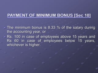  The minimum bonus is 8.33 % of the salary during
the accounting year, or
 Rs. 100 in case of employees above 15 years and
Rs 60 in case of employees below 15 years,
whichever is higher.
 