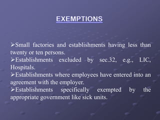 Small factories and establishments having less than
twenty or ten persons.
Establishments excluded by sec.32, e.g., LIC,
Hospitals.
Establishments where employees have entered into an
agreement with the employer.
Establishments specifically exempted by the
appropriate government like sick units.
 