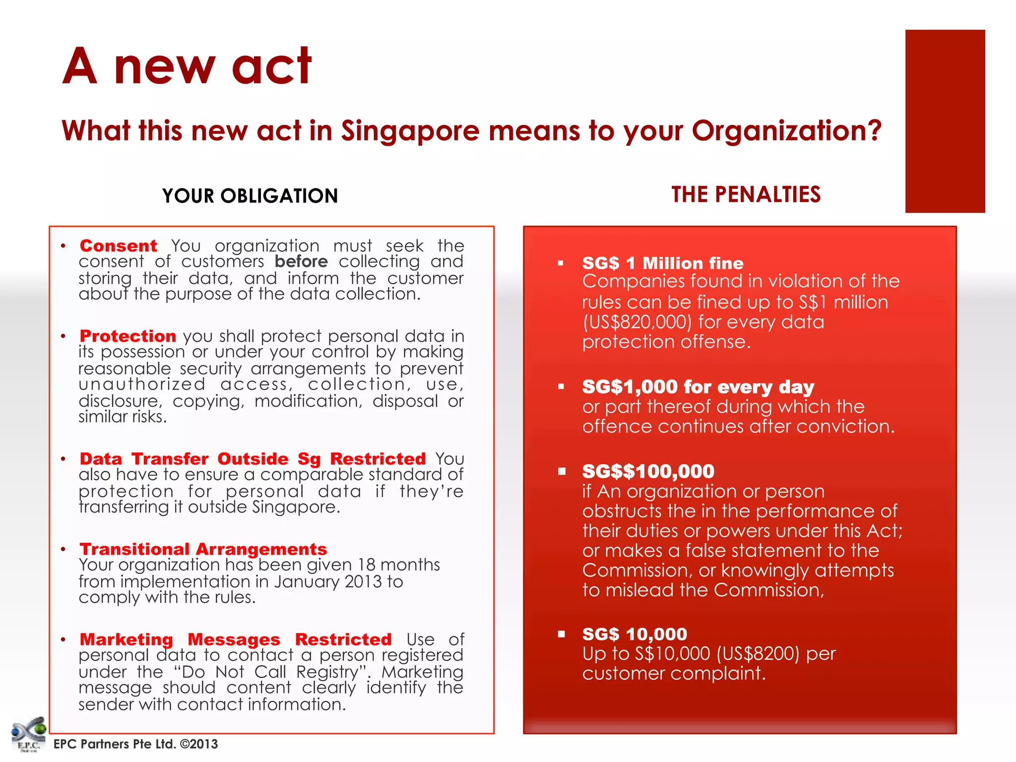 A new act
YOUR OBLIGATION
•  Consent You organization must seek the
consent of customers before collecting and
storing their data, and inform the customer
about the purpose of the data collection.
•  Protection you shall protect personal data in
its possession or under your control by making
reasonable security arrangements to prevent
unauthorized access, collection, use,
disclosure, copying, modification, disposal or
similar risks.
•  Data Transfer Outside Sg Restricted You
also have to ensure a comparable standard of
protection for personal data if they’re
transferring it outside Singapore.
•  Transitional Arrangements
Your organization has been given 18 months
from implementation in January 2013 to
comply with the rules.
•  Marketing Messages Restricted Use of
personal data to contact a person registered
under the “Do Not Call Registry”. Marketing
message should content clearly identify the
sender with contact information.
THE PENALTIES
§  SG$ 1 Million fine
Companies found in violation of the
rules can be fined up to S$1 million
(US$820,000) for every data
protection offense.
§  SG$1,000 for every day
or part thereof during which the
offence continues after conviction.
¡  SG$$100,000
if An organization or person
obstructs the in the performance of
their duties or powers under this Act;
or makes a false statement to the
Commission, or knowingly attempts
to mislead the Commission,
¡  SG$ 10,000
Up to S$10,000 (US$8200) per
customer complaint.
What this new act in Singapore means to your Organization?
EPC Partners Pte Ltd. ©2013
 