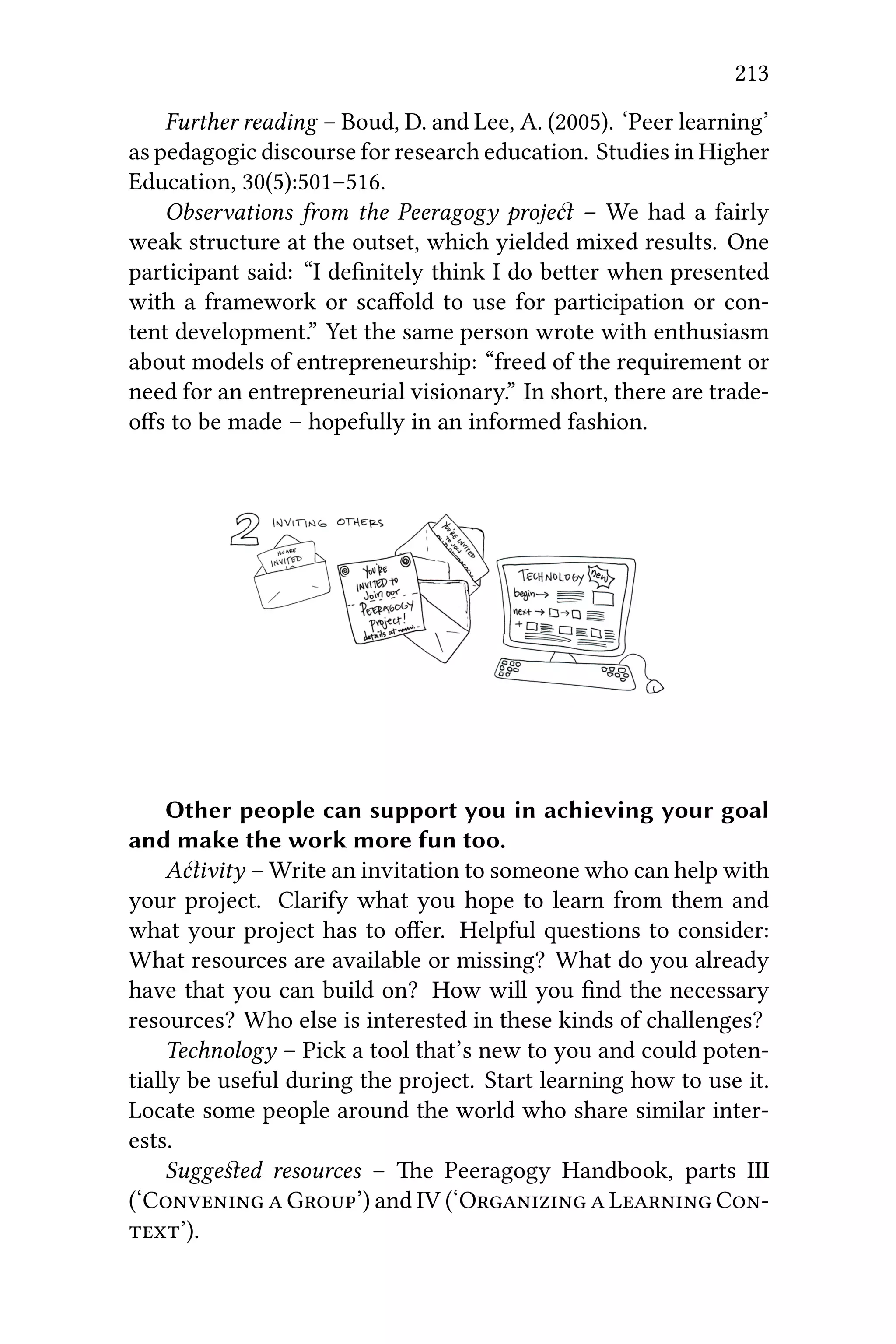 213
Further reading – Boud, D. and Lee, A. (2005). ‘Peer learning’
as pedagogic discourse for research education. Studies in Higher
Education, 30(5):501–516.
Observations from the Peeragogy proje – We had a fairly
weak structure at the outset, which yielded mixed results. One
participant said: “I deﬁnitely think I do beer when presented
with a framework or scaﬀold to use for participation or con-
tent development.” Yet the same person wrote with enthusiasm
about models of entrepreneurship: “freed of the requirement or
need for an entrepreneurial visionary.” In short, there are trade-
oﬀs to be made – hopefully in an informed fashion.
Other people can support you in achieving your goal
and make the work more fun too.
Aivity – Write an invitation to someone who can help with
your project. Clarify what you hope to learn from them and
what your project has to oﬀer. Helpful questions to consider:
What resources are available or missing? What do you already
have that you can build on? How will you ﬁnd the necessary
resources? Who else is interested in these kinds of challenges?
Technology – Pick a tool that’s new to you and could poten-
tially be useful during the project. Start learning how to use it.
Locate some people around the world who share similar inter-
ests.
Suggeﬆed resources – e Peeragogy Handbook, parts III
(‘C  G’) and IV (‘O  L C
’).
 