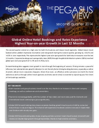 The second quarter ended on a high note for both the business and leisure travel segments. Global leisure travel
booked online yielded impressive reservation and rate growth during the second quarter, growing by +10.2% and
+6.5% in June respectively. This represents the highest year-over-year growth for both leisure measures over the last
12 months. Corporate bookings and average daily rates (ADR) through the global distribution systems (GDSs) reached
global year-over-year growth of +1.4% and +4.2% by June.
Forward-looking data suggests more growth in store through the beginning of autumn. Pricing remains a powerful
influence, but substantial rate growth indicates it is not the only factor driving booking decisions, especially as online
channels attract more corporate shoppers. More than ever, an effective online presence (on both the hotel
website as well as through online travel agencies and meta search sites) is essential to capturing your fair share
of the bookings available.
second quarter 2014
PEGASUS
VIEW
THE
Global Online Hotel Bookings and Rates Experience
Highest Year-on-year Growth in Last 12 Months
KEY TAKEAWAYS
• Both transient and group business travel is on the rise, thanks to an increase in client and company
meetings, as well as conferences and conventions.
• Tourism is increasing globally, with the number of trips taken and room rates paid for domestic and
international travel continuing to grow significantly.
• Global GDS forward-looking data shows corporate booking growth may be put on hold by consumer
leisure focus in July and August. The channel will experience moderate volume increases in September
and October with steady rate gains.
• Global ADS forward-looking data shows ongoing and late summer travel should sustain elevated hotel
revenue at double-digit growth through September, thanks to high volumes and rates.
 