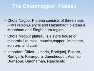The Chotanagpur Plateau

Chota Nagpur Plateau consists of three steps
-Pats region,Ranchi and Hazaribagh plateau &
Manbhum and Singhbhum region.

Chota Nagpur plateau is a store house of
minerals like mica, bauxite,copper, limestone,
iron ore, and coal.

Important Cities -- Jharia, Raniganj, Bokaro,
Ramgarh, Karanpura Jamshedpur, Asansol,
Durhapur, Bardhaman, Ranchi etc
 