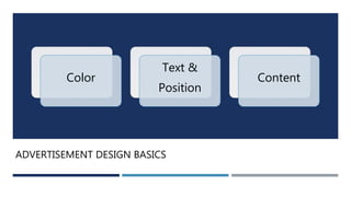 ADVERTISEMENT DESIGN BASICS
Color
Text &
Position
Content
 