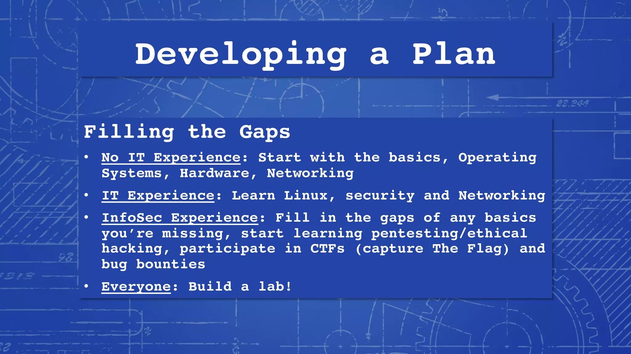 Developing a Plan
Filling the Gaps
• No IT Experience: Start with the basics, Operating
Systems, Hardware, Networking
• IT Experience: Learn Linux, security and Networking
• InfoSec Experience: Fill in the gaps of any basics
you’re missing, start learning pentesting/ethical
hacking, participate in CTFs (capture The Flag) and
bug bounties
• Everyone: Build a lab!
 