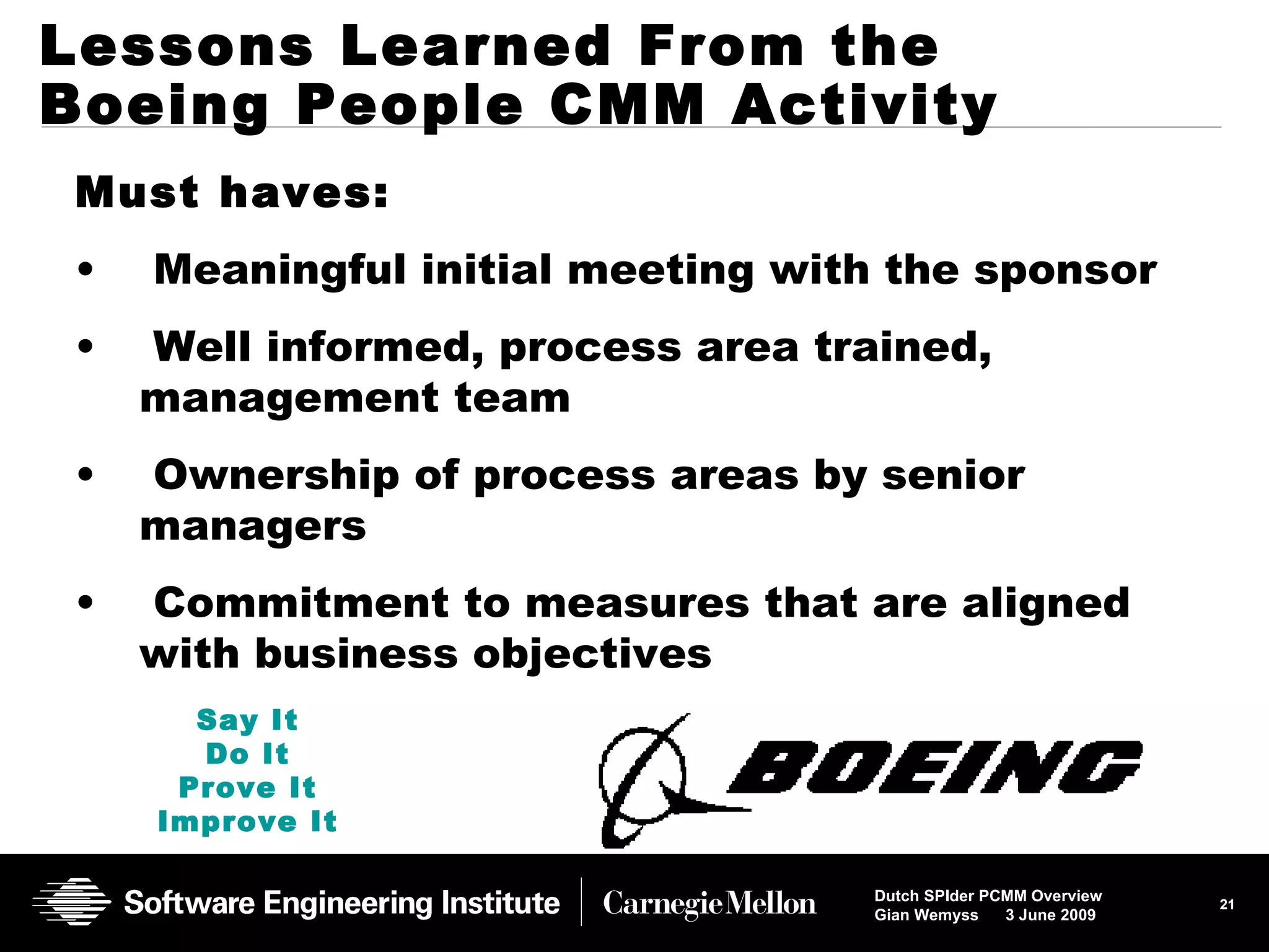 Lessons Learned From the Boeing People CMM Activity Must haves: Meaningful initial meeting with the sponsor Well informed, process area trained,  management team Ownership of process areas by senior managers Commitment to measures that are aligned with business objectives Say It Do It Prove It Improve It 