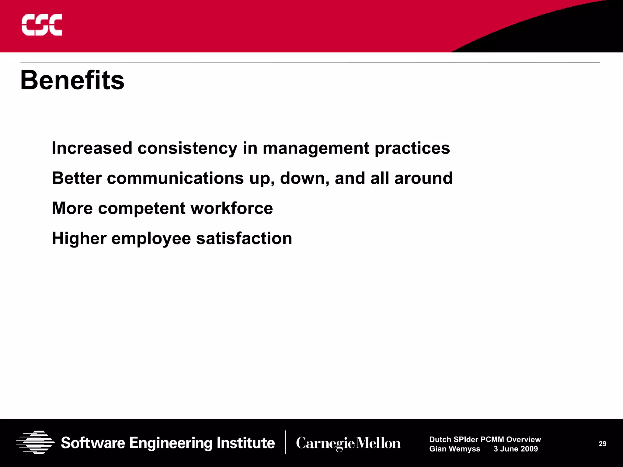 Benefits Increased consistency in management practices Better communications up, down, and all around More competent workforce Higher employee satisfaction 